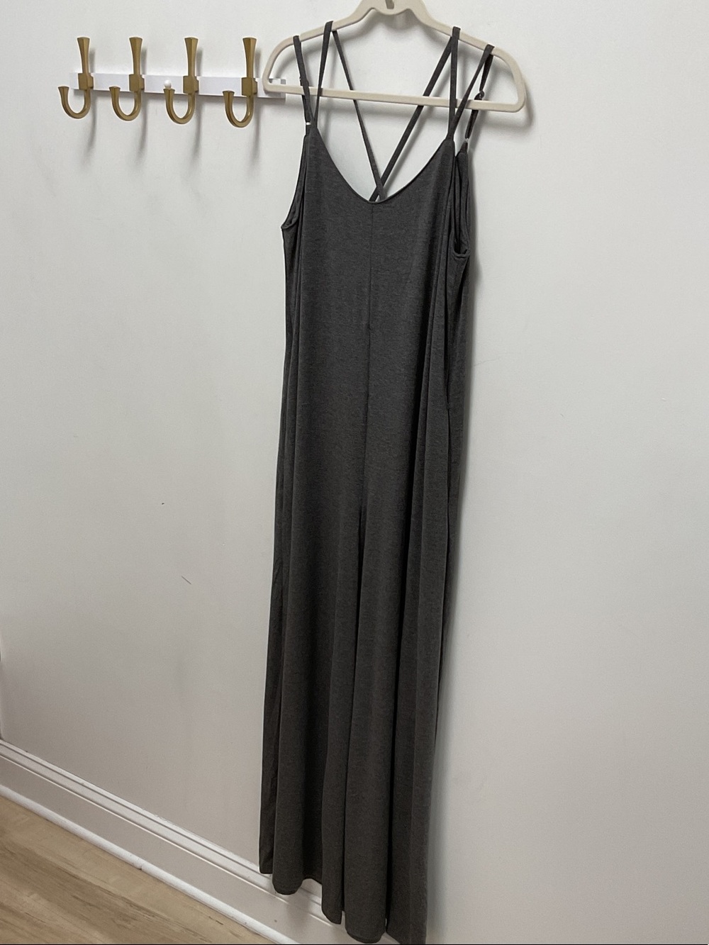 Bluivy Sleeveless Charcoal Gray Maxi Jumpsuit with Crisscross Straps wide leg
